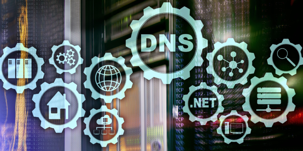 Icone di server, domini, computer e strumenti IT intorno alla scritta DNS su sfondo di server e schermate di DNSdumpster.