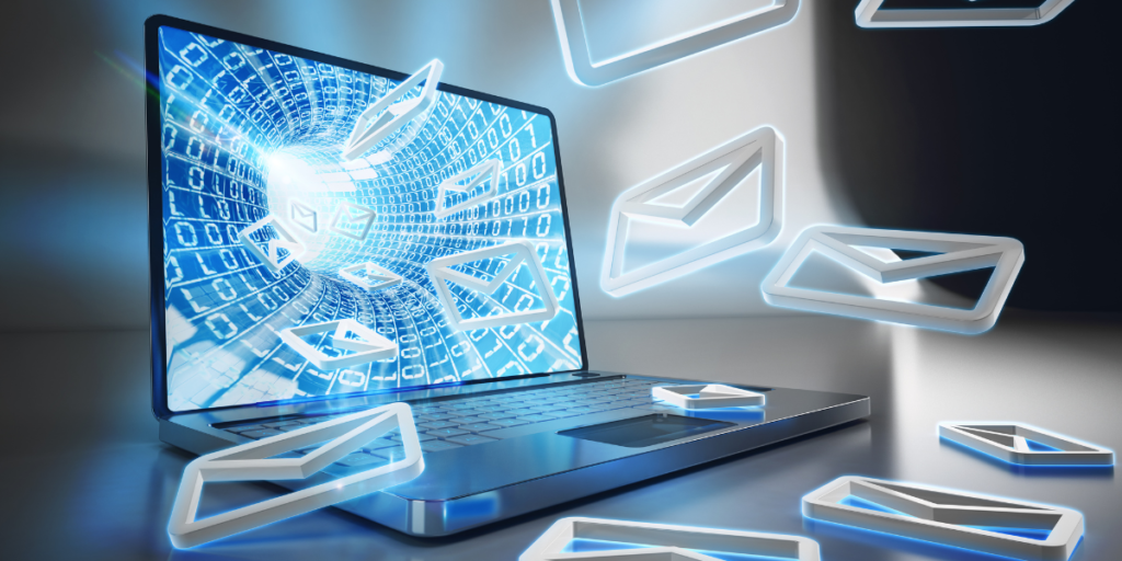 Rappresentazione digitale di email inviate attraverso un laptop, a simboleggiare il bypass dei controlli di sicurezza in Office 365, con buste che fluttuano verso lo schermo, evidenziando le vulnerabilità nelle configurazioni email.